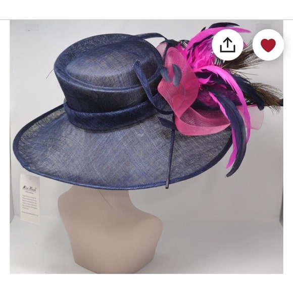 Women’s Kentucky derby tea Party Wide Brim Navy pink Flowers Feathers Hat - Picture 3 of 11